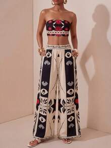 Zivah 2026夏季新款音乐节、母亲节、婚礼季无袖系带露背短款上衣和直筒裤套装，印花波西米亚风，休闲、海滩、邮轮、日常穿着 - 彩色 - 查看 3