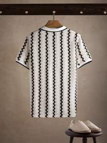 Manfinity CasualCool Men's All-Over Print Casual Short Sleeve Polo Shirt, Summer/Men's Striped Short Sleeve Polo Shirt Casual Summer Top/Men's Textured Striped Short Sleeve Collared Shirt Summer Fashion/Minimalist Men's Black & White Stripe Polo /Men's Modern Black & White Geometric Stripe Polo Shirt - Minimalist Style, Breathable Fabric, Regular Fit For Office & Weekend - White - View 2