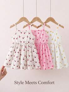 SHEIN 3件套女婴夏季碎花无袖连衣裙和纯色连衣裙，田园风格，时尚可爱 - 彩色 - 查看 7