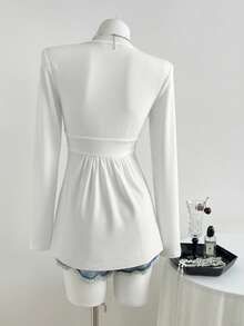 Elamini 休闲百搭深V领长袖蕾丝上衣，秋冬款 - 白色 - 查看 2