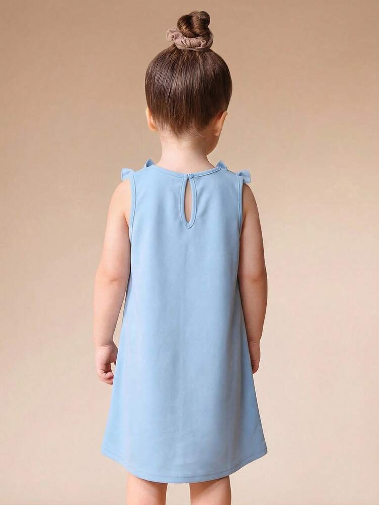 Vestido azul claro de línea A para niñas con detalles de lazo en los hombros y abertura en la espalda, longitud mini sin mangas, vestido casual de verano