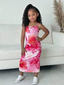 少女休闲热带印花修身连衣裙 - 紅白色 - 查看 1