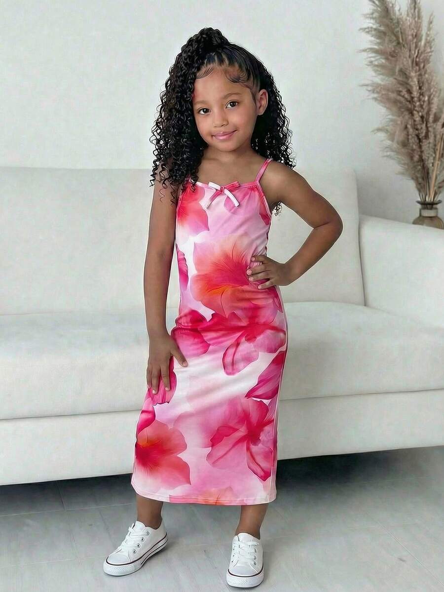 少女休闲热带印花修身连衣裙 - 紅白色 - 查看 1