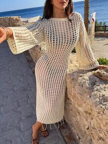 SHEIN Casual Knitted Cardigan With Hollow Design And Fringed Hem, For Summer Holidays At The Beach - Apricot - View 7