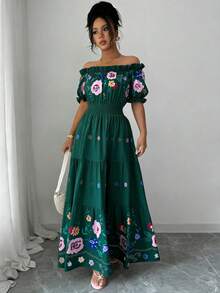 Modelyn 女士露肩花瓣袖印花收腰A字浪漫优雅休闲夏季连衣裙 - 綠色 - 查看 5