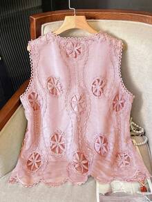 Lacomfia Camiseta sin mangas de mujer con cuello redondo elegante y minimalista, con diseño floral calado y talla grande - Rosa - Ver 2
