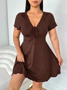 Enliva Plus Size Women Valentine's Day Red V-Neck Front Tie Dress Milkmaid Dress, For Body Shape, For Summer - Brown - View 6