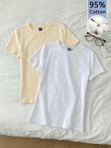 Tseoso 2件套休闲简约圆领短袖打底衫，杏色和白色，春夏款 - 彩色 - 查看 10