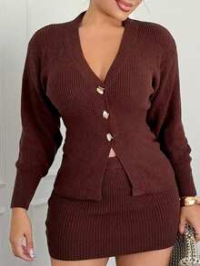 Maria Perezxox 女士新款秋冬百搭日常穿搭落肩收腰针织开衫V领长款落肩修身迷你裙两件套，复古风格针织套装 - 咖啡棕 - 查看 5