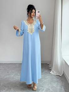 Elenzga Đầm dài tay xẻ tà thanh lịch dành cho nữ, phối nhiều dải ruy băng, thích hợp cho mùa xuân/hè. - Màu xanh nhạt - Xem 6