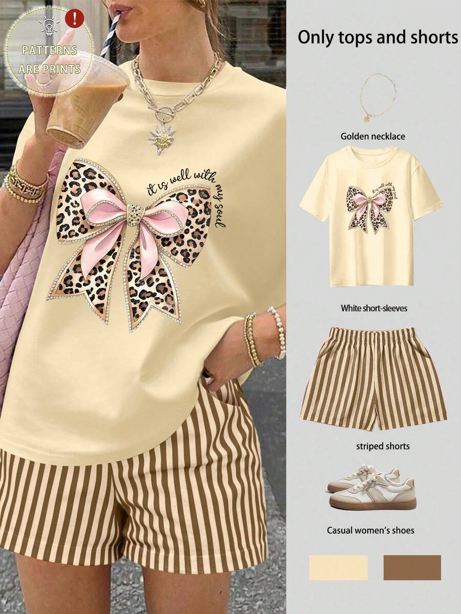 SHEIN PariChic Bộ đồ nữ 2 món họa tiết da báo thời trang kèm nơ gồm áo thun và quần short kẻ sọc, kiểu dáng thường ngày. - Màu Khaki - Xem 1