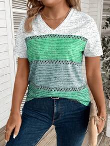 EMERY ROSE Plus Size Women's Contrast Color V-Neck Short Sleeve T-Shirt Graphic Tees Women Tops - Multicolor - View 3