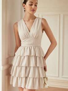 Aveloria Rosie French Retro Elegant V-Neck Sleeveless Ruched Waist Multilayer Ruffle Hem Colorblock Floral Print Chiffon Mini Dress For Women - Apricot - View 1
