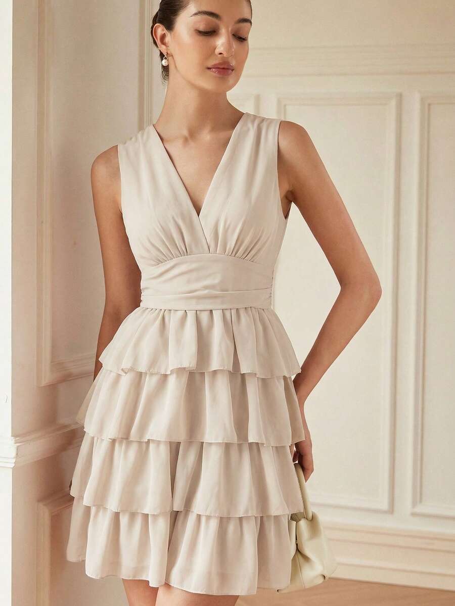 Aveloria Rosie French Retro Elegant V-Neck Sleeveless Ruched Waist Multilayer Ruffle Hem Colorblock Floral Print Chiffon Mini Dress For Women - Apricot - View 1