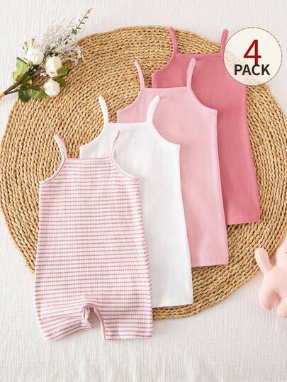 SHEIN 4pcs/Set Baby Girls' Casual Comfortable Everyday Versatile Strap Romper, Suitable For Summer Vacation & Outings