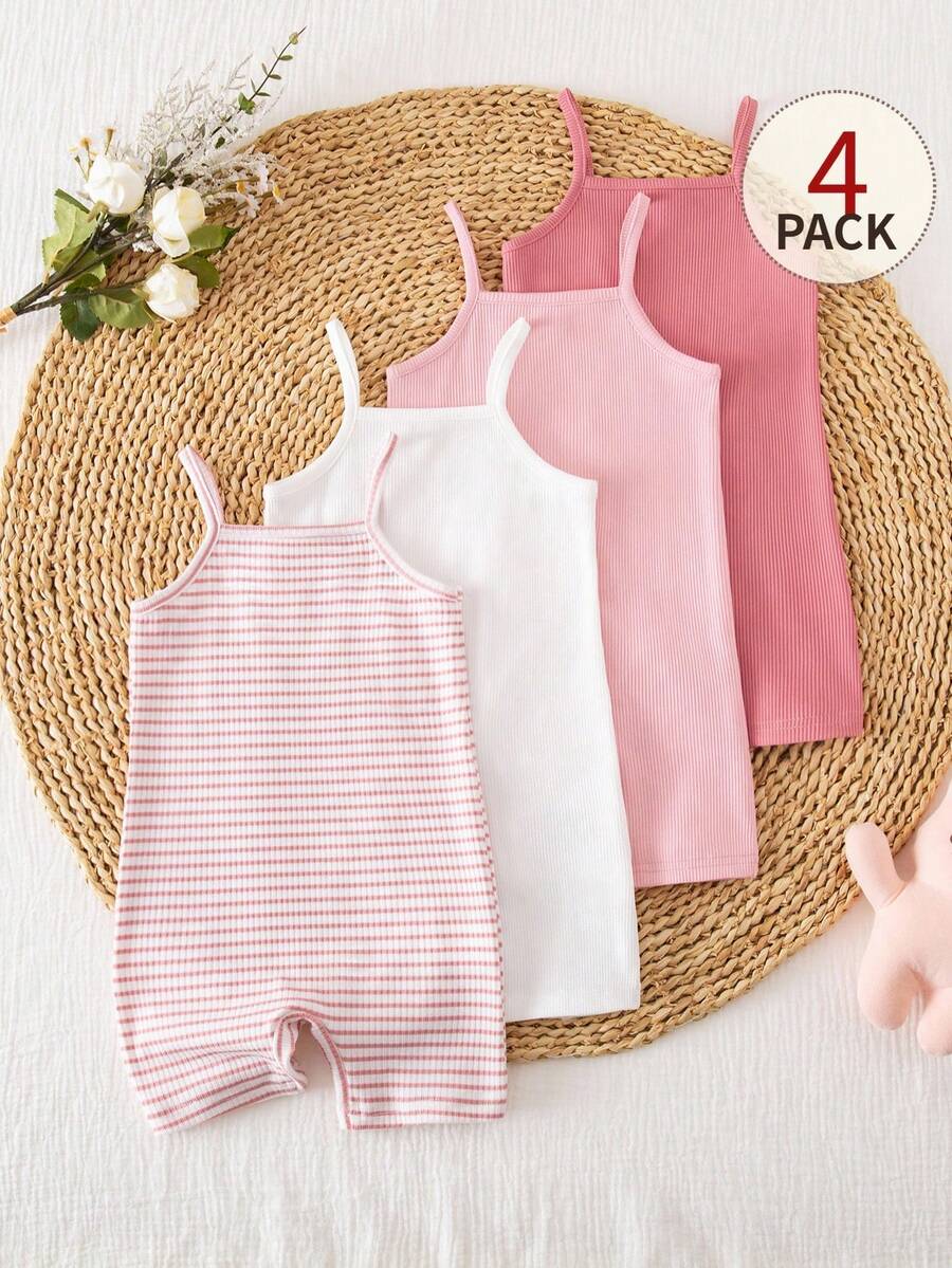 SHEIN Vintaside Kids 4件套女婴休闲舒适日常百搭吊带连体衣,适合夏季度假和外出穿着 - 彩色 - 查看 1