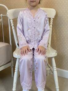 DAZY Young Girl Floral Print Lace Patchwork Top And Pants Loungewear Set - Purple - View 3