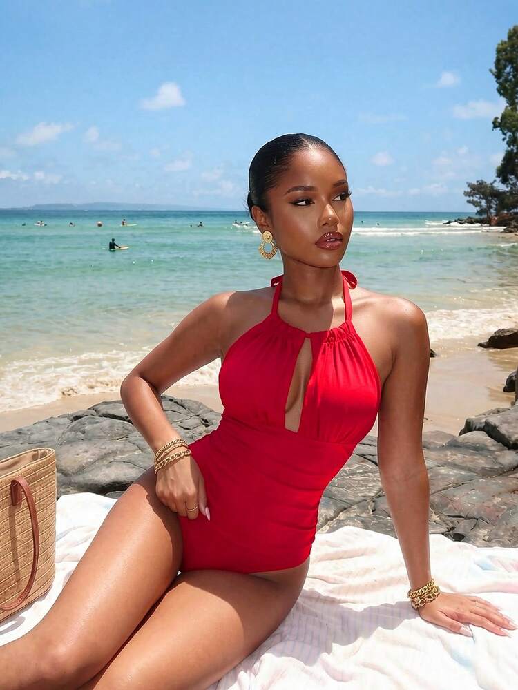 Summer Beach Ruched Halter One Piece Swimsuit