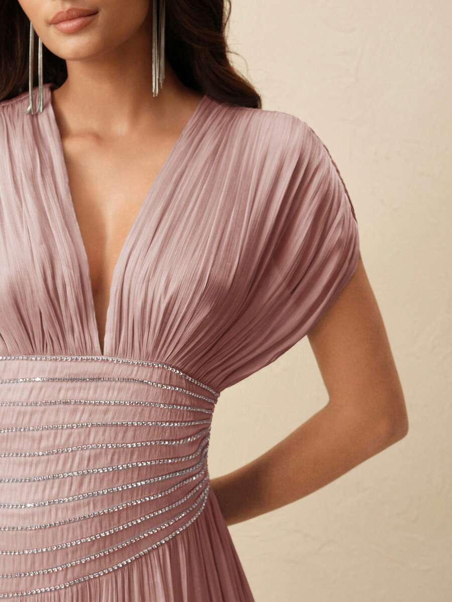 Anewsta 女士V领短袖串珠链条褶裥腰身婚礼宾客礼服，优雅派对装，粉色 - 藕粉色 - 查看 1