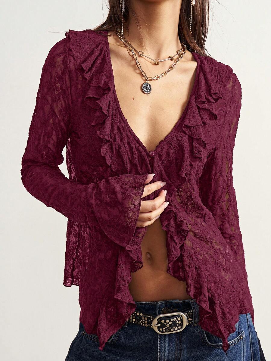 Bohemela Blus Lengan Panjang Rajut Renda Warna Polos Kasual Gaya Boho untuk Wanita, Atasan Musim Panas - Burgundy - View 1
