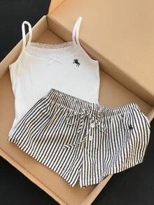 Conjunto de 2 piezas de mujer con tirantes finos, encaje, parches y lazo con estampado de lunares, para verano - Blanco y Negro - Ver 7
