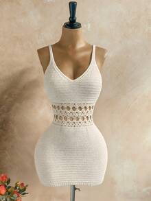 Hollow Crochet Knit Fitted Sexy Spaghetti Strap Women Sweater Dress, Spring/Summer - Beige - View 6