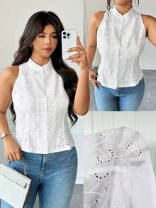 Elenzga Plus Size New Chinese Style Chinese Chic Hollow Out Jacquard Design Top White Elegant Top Women Blouses Summer - White - View 6