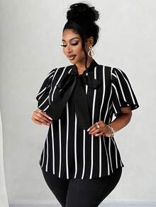 Maweii Plus Size Women's Elegant Romantic Heart Print Blouse With Bow Collar, Ruffle Trim And Contrast Color Design, New Spring/Summer - Black and White - View 3