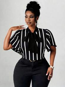 Maweii Plus Size Women's Elegant Romantic Heart Print Blouse With Bow Collar, Ruffle Trim And Contrast Color Design, New Spring/Summer - Black and White - View 4