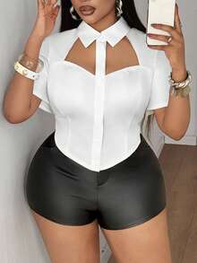Maweii Áo croptop ngắn gợi cảm cổ trắng khoét eo dành cho nữ cỡ lớn - trắng - Xem 3