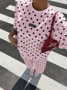 Muchica 女士休闲粉色波点宽松T恤和阔腿裤套装，适合外出、街头风、Y2K时尚、春夏穿着，阔腿裤套装 - 粉色 - 查看 5