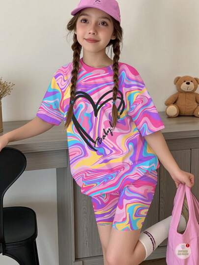 2pcs/Set Tween Girls' Casual Tie-Dye Tie Dye Heart Pattern T-Shirt And Shorts Set, Muted Color Tone, Suitable For Summer, Matching Sisters, Suitable For Holidays, Parties And Daily Wear