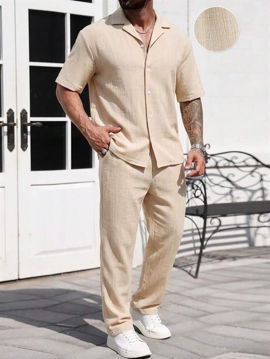 Manfinity Homme Set de 2 piezas Camisa de manga corta de tela de dos tonos cómoda y pantalón con cordón y cintura elástica para hombre, adecuado para uso casual, salir con amigos, fiesta, oficina, negocios, especialmente apropiado para primavera y otoño - Caqui - Ver 1
