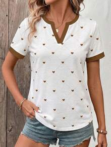 New Fashion Casual Versatile Heart & Plaid Print V-Neck Contrast Color Short Sleeve T-Shirt For Women - Multicolor - View 6