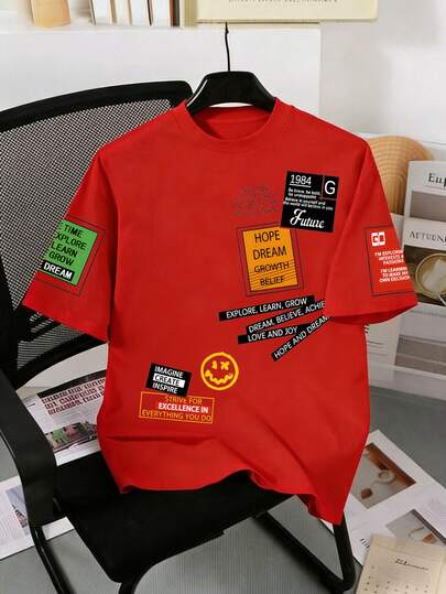 [Esencial para niños] Camiseta de manga corta con eslogan motivacional rojo para niño pequeño, holgada, casual, versátil, cómoda y con estilo para niños, para todas las estaciones