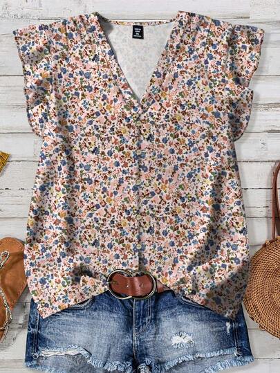 EMERY ROSE Camisa casual versátil de uso diario con cuello en V y estampado floral, adecuada para el verano, talla grande para mujer