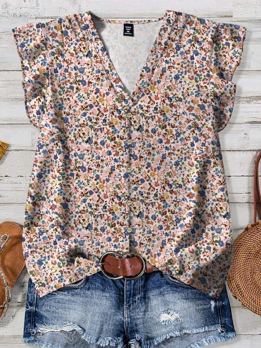 EMERY ROSE Plus Size Women Floral V-Neck Casual Versatile Daily Wear Shirt, Suitable For Summer - Multicolor - View 1