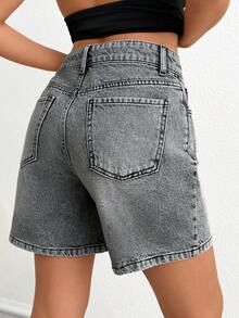 SHEIN Women's Asymmetric Waist Pocket Loose Casual Denim Shorts - Medium Wash - View 2