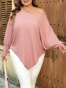 SHEIN CURVE+ 尺码 US22 适合音乐节、海滨度假、波西米亚风女式不对称下摆蝙蝠袖纯色斜肩宽松休闲上衣T恤，秋季女装，冬季，加大码，万圣节/秋季/冬季 - 藕粉色 - 查看 4