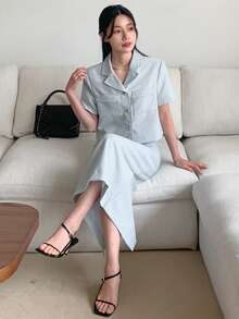 DAZY Women's Collared Short Jacket And Fitted Skirt 2 Pieces Set Summer - Blue - View 5