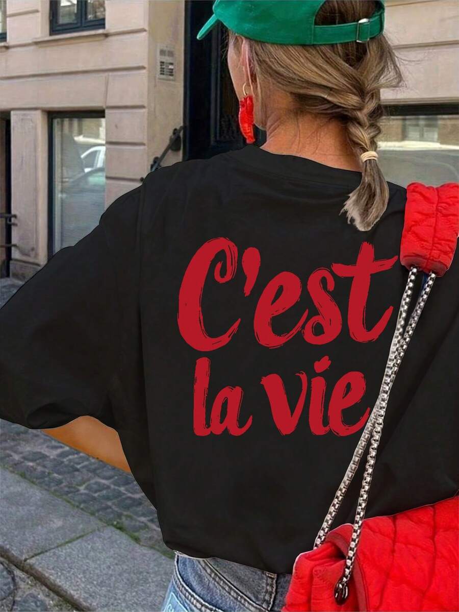 Sundraya 女士圆领字母印花休闲百搭日常短袖T恤 - 黑色 - 查看 1