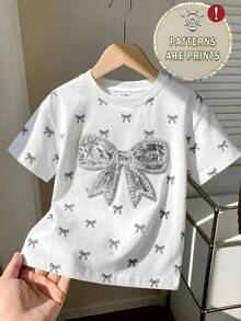 Baby Girl Fashionable Minimalist Cute Sequin Bow Print Round Neck Short Sleeve T-Shirt, Suitable For Outings In Summer, White Bow Top - Multicolor - View 5