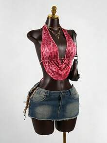 SaltGleam SaltGleam Áo hai dây thời trang nữ cổ yếm hở lưng xếp ly gợi cảm họa tiết da báo, thích hợp mặc đi club và mặc hàng ngày. - Nhiều màu - Xem 5