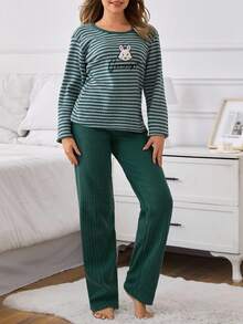 Loomlin Women Cotton Ribk Knit Striped With Cute Rabbit Embroidery Detail Long Sleeve Shirt&Pants Homewear Comfort Pajama Set - Green - View 3