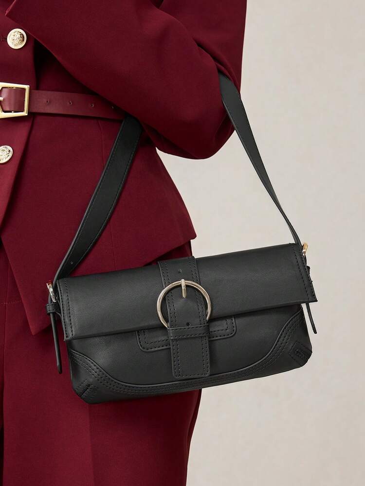 LADIES RETRO PIN BUCKLE FLIP SHOULDER BAG, EXQUISITE VERSATILE BLACK