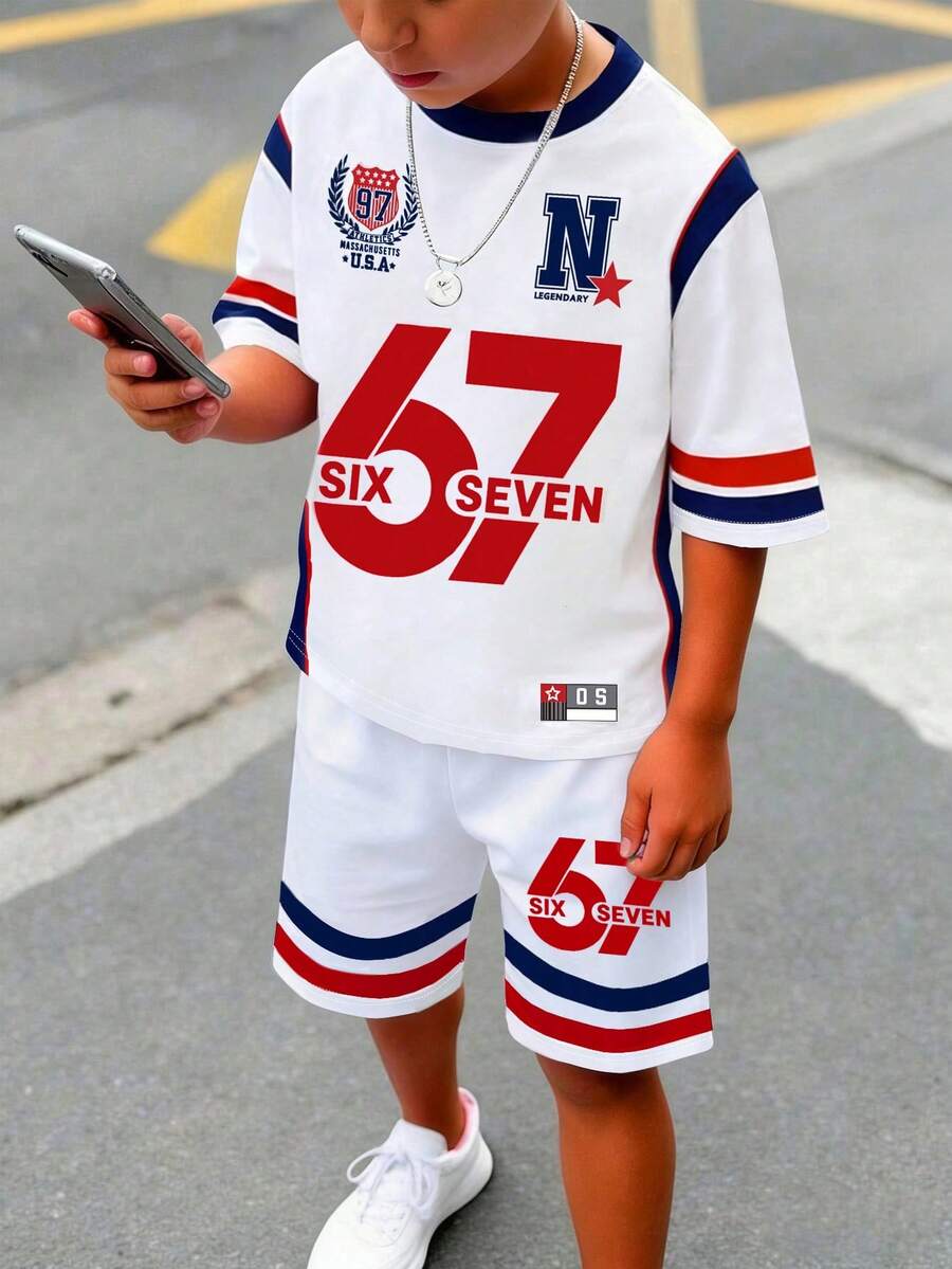 青少年男童休闲67印花短袖T恤套装 - 彩色 - 查看 1