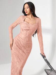 Modelyn 女士方领蕾丝长袖修身中长连衣裙 - 淺粉色 - 查看 3