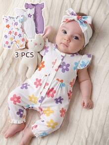 SHEIN 3件套女婴休闲可爱蝴蝶印花短袖连体衣和发带套装 - 紫色 - 查看 5