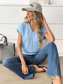 Easowa Women's Solid Color V-Neck Batwing Short Sleeve Casual T-Shirt,Summer Top Casual Tops To Wear With Jeans Women Casual Outfits Jean To Jean Women Set Outfit Casual Outfits For Women Ootd Outfit For Women - Baby Blue - View 5