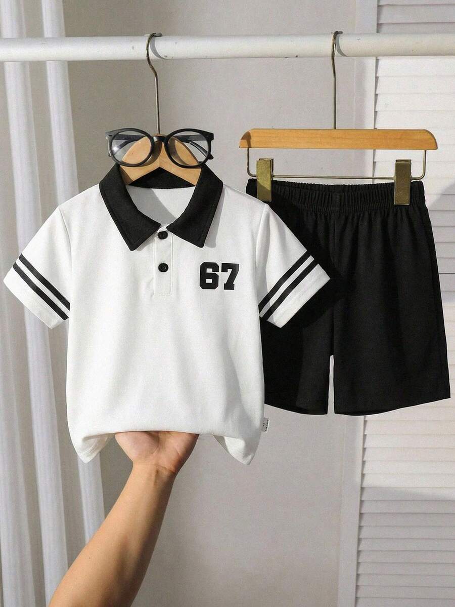 2pcs/Set Young Boys White Polo Co-Ords,Casual,Cute&Sporty 67 Contrast Color Shirt&Black Trim Shorts,Summer School Back-To-School Daily Wear Outings